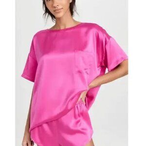 LUNYA Washable Silk Tee Set Caffeinated Pink Pajamas Size Medium w Scrunchie NEW